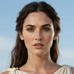 megan fox as a Greek goddess in the sky, detailed face, realistic face, highly detailed, sharp, 4k, hd