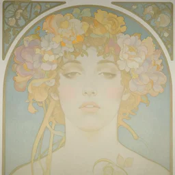 a lot of flowers patterns morphing in a beautiful girls face, art nouveau wallpaper, film still by wes anderson, depicted by balthus, limited color palette, very intricate, art nouveau, highly detailed, lights by hopper, soft pastel colors, minimalist