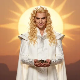 a blonde male vampire with long curly hair, wearing a white fantasy suit in front of the sun as he holds ashes with a bitter smile