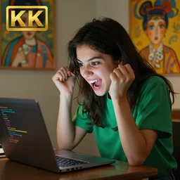 a very cute girl is coding frantically on her macbook, she wears a green shirt, she is very excited and overwhelmed by excitation, cinematic and dramatic, 8 k, crisp lines, sharp edges, vibrant colors by artgerm, cushart krenz, greg rutkowski, mucha