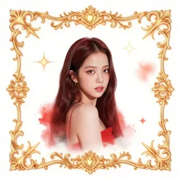 jisoo + blackpink + elements + red + gold + neon + baroque + rococo + white + orange + ink + tarot card, ornate + by marc simonetti, paul pope, peter mohrbacher, detailed, intricate ink illustration + damask + award winning + 8 k