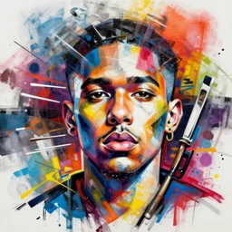 a mixed technique graffity infused colorful slightly abstract very dynamic fineart portrait by street artist heliobray. collage, made with different brushes, sprays and knifes. overdetailed, maximalist, but polished with clean linework. dynamic strokes and lineweight.