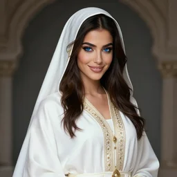 a beautiful arabian woman wearing a white kaftan by karol bak, ayami kojima, artgerm, arabian beauty, blue eyes, smile, concept art, fantasy