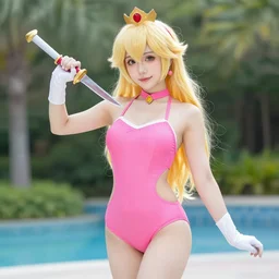 princess peach cosplayer, swimsuit and knife
