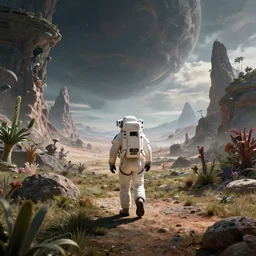 a astronaut walking on a alien planet with alien plants and looking to a alien breathtaking landscape, cinematic lighting, concept art, trending on Artstation, trending on DeviantArt, highly detailed, high quality, 8K HDR, octane render, unreal engine 5, breathtaking landscape, highly detailed, high quality, post processed