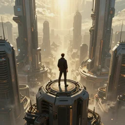 a man standing on top of a building overviewing a megastructure futuristic city, cyberpunk, megacity, sci-fi, matte painting, concept art, style by dylan cole