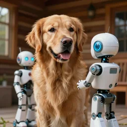golden retriever curiously looking at a robot girl, log cabin, photograph