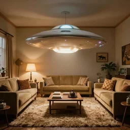 a flying saucer hovering in the middle of a retro 1970s living room with shag carpet and vintage decor