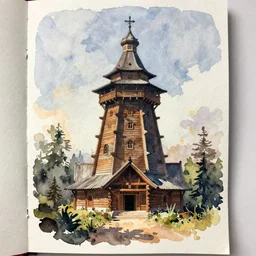 small centered on watercolor paper, paint brush strokes, abstract watercolor painting of slavic wooden architecture style giant tower, midday sharp light, dust, cinematic light, american romanticism by hans dahl, by jesper ejsing, by anders zorn, by greg rutkowski, by greg manchess, by tyler edlin
