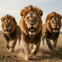 realistic photo first person perspective, angry roaring lions stampede towards camera, attacking and chasing me, dramatic lighting, early evening, professional photography, high detail, cinematic lighting, unreal engine