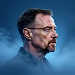 walter white's head coming out of a blue mist, epic, trending on artstation, profile pic, centered, accurate anatomy, highly detailed, digital art,