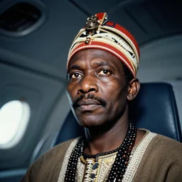 analogue photo of an African tribal chief inside a spaceship, close-up, colour, photo shot by martha cooper, 35mm,