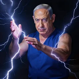 benjamin netanyahu as the greek god of lightning, shooting lightning from hands, highly detailed, ultra clear, by artgerm and greg rutkowski