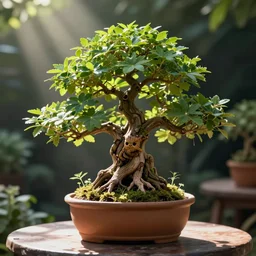 magical cute alive bonsai groot in a pot, on the table, herbology, hd photography, coherent, intricate, radiant light