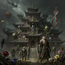 panorama of beautiful gothic, chinese, japanic style, cyberpunk, a lot of scars, more and more flowers, rna bioweapon, the middle ages, highly detailed, artstation, illustration, art by jean delville, 8 k quality