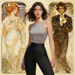 modern woman | hyperrealistic | action pose | digital painting | trending on artstation | portrait | clean | illustration | dressed | unreal engine 5 | 8 k resolution | by greg rutkowski alphonse mucha gustav klimt and mel ramos