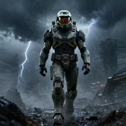 the master chief from halo walking through a harsh thunderstorm, cinematic, 4k, detailed, trending on ArtStation