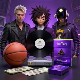 rammstein, gorillaz and daft punk records, from then on a basketball, pot, a thousand peso bill, a pallmall new iceberg cigarette box, an the first xbox, purple colors, setting, ghibli, unreal 5, daz, hyperrealistic, octane render, rpg portrait, dynamic lighting, epic anime, epic