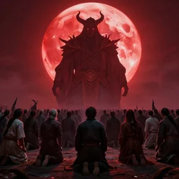 the god of destruction looms in front of a red moon as masses kneel before him in hope of salvation in the distant future, ominous, haunting, vibrant, concept art, sharp focus, trending on artstation, by ted nasmith, ralph horsley, james gurney, jim burns