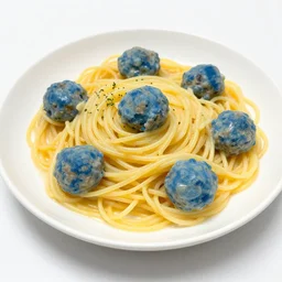 a plate of spaghetti with blue colored meatballs, food photography