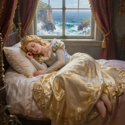 a hyperdetailed matte painting of triss merigold as a princess asleep on a bed in a tower, sleeping princess!!!!, window that overlooking cliffs and crashing waves in the background, highly detailed, deep focus, elegant, digital painting, smooth, sharp focus, ultra realistic, 8 k, art by greg rutkowski and jeong seon and alphonse mucha