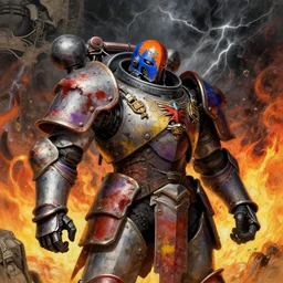 composition of gothic and futuristic, warhammer, cyber japan style armor, more and more scars, thunderstorm, firestorm, blue - orange head, some red and purple, yellow, the middle ages, highly detailed, artstation, in the style of moebius, jugendstil and classic japanese print, art by by rene magritte, jean delville