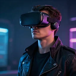 portrait handsome fantastic cyberpunk style man wearing virtual reality goggles