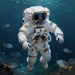 a digital painting of an astronaut floating in an alien ocean surrounded by alien fish