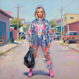 still from music video of barbie from die antwoord standing in a township street, wearing a trashbag hoodie garbage bag and flowers, street fashion, full figure portrait painting by martine johanna, ilya kuvshinov, rossdraws, pastel color palette, shiny plastic, spraypaint, detailed impasto brushwork, impressionistic, barbara palvin