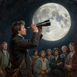 an oil painting of a man with a telescope staring at the moon, ultra realistic, true life, 8 k, masterpiece, cinematic, by leonid afremov, frank frazetta, greg rutkowski, christian macnevin, beeple, wlop, krenz cushart, epic character art, volumetric lighting