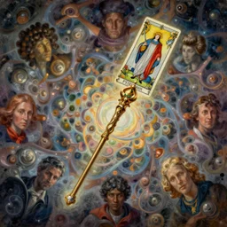 a single floating magical wand!!!!!!!!!!, tarot card, by peter mohrbacher, hajime sorayama, wayne barlowe, boris vallejo, aaron horkey, gaston bussiere, craig mullins, fantasy composition made of fractals, oil on canvas, depth of field, featured on pixiv, cinematic composition, hd, hdr, 4 k, 8 k, the fifth element artifacts, highly detailed
