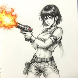 manga sketch of girl with flamethrower