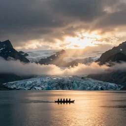 landscape photography by marc adamus, vikings sailing over a glacial lake, mountains, sunset, dramatic lighting, glacial lake clouds, beautiful,