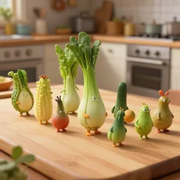 miniature vegetable creatures parade. the floor is a cutting board. kitchen environment. digital art, realistic, pixar style, highly detailed, cinematic, matte painting, vivid colors, realistic, epic, low angle, lighting, by greg rutkowski and artgerm and alphonse mucha