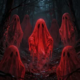 a terrifying environment with red ghosts in it