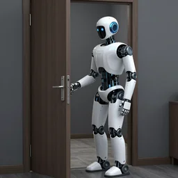 a sleek robot butler opening the door to let in the guests, clean, lowbrow, matte painting, highly detailed, in the style of mark ryden
