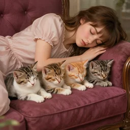 final fantsy Four kittens lined up to sleep on the arm of a sleeping girl by Edward Lear