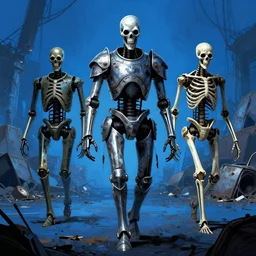 horror art, skeleton armored droids walking around, blue junkyard in the background, art by ismail inceoglu