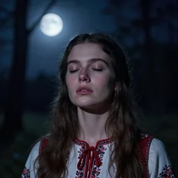 beautiful woman with her eyes closed, close - up face, walking in the forest at night. full moon. folk horror. hyper detailed. socialist realism. winter