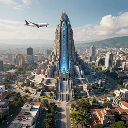 remarkable airplane view of a cyberpunk mayan city in guatemala and it is graced by a huge sacred futuristic cyberpunk temple