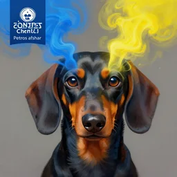 a painting of a dachshund face with blue and yellow smoke coming out of, a digital painting by petros afshar, behance contest winner, digital art, behance hd, digital illustration, digital painting