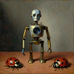strange robot body, disturbing colorful oil painting dutch golden age vanitas still life sparse composition with shiny metal lady bugs rachel ruysch dali todd schorr very detailed perfect composition rule of thirds masterpiece canon 5 0 mm, cinematic lighting, photography, retro, film, kodachrome