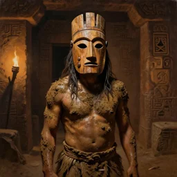 masterpiece painting of a native incan man covered in mud wearing a wooden mask, in a darken incan dungeon decorated hall, torchlight, by greg rutkowski and noah bradley, trending on artstation
