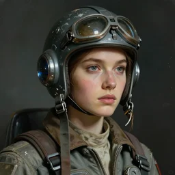 portrait of a retrofuturistic fighter pilot in a flight suit and scratched and tattered vintage grey flight helmet science fiction digital paul lehr
