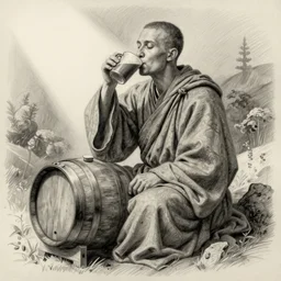 pencil sketch of a monk drinking mead from a barrel