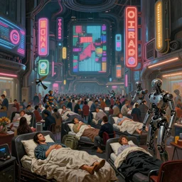futuristic neon signs in a scene of ( millions of people wake up ), ( ( robot cyborgs ) ), futuristic oil painting by rembrandt and jeff koonz, ( ( led panel screens and projections ) ), intricate details, ( ultra realistic ), dynamic lighting, ( octane render ), ( ( ( vertical led strip lighting ) ) )