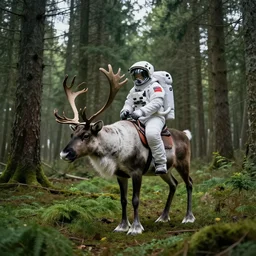 american astronaut in the forest riding a reindeer, plants environment, wide angle, cinematic lighting, atmospheric, ultrarealistic, trending on artstation, cgsociety, highly detailed, color graded, in the style of craig mullins, rendered in Unreal Engine 4k HQ