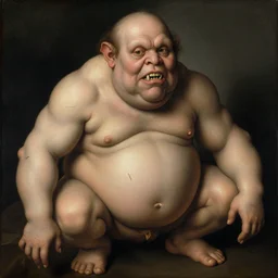 dutch renaissance portrait painting of distorted humanoid monster, swollen skin with apelike face human teeth
