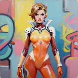 greg manchess portrait painting of female wearing a latex suit as mercy from overwatch, medium shot, organic painting, sunny day, matte painting, bold shapes, hard edges, street art, trending on artstation, by huang guangjian and gil elvgren and sachin teng