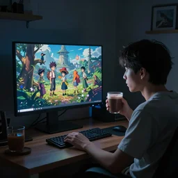 person sitting at a desk, looking at monitor, dimly lit bedroom, hot cocoa drink, unreal engine, fantasy art by greg, loish, rhads, ferdinand knab, makoto shinkai and lois van baarle, ilya kuvshinov, rossdraws, tom bagshaw, night lighting, trending onstudio ghibli, highly detailed, octane render, 8 k